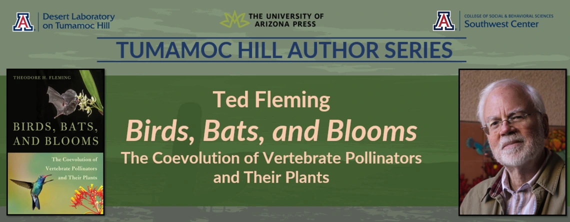 Ted fleming portrait and cover of his book Birds, Bats and Blooms