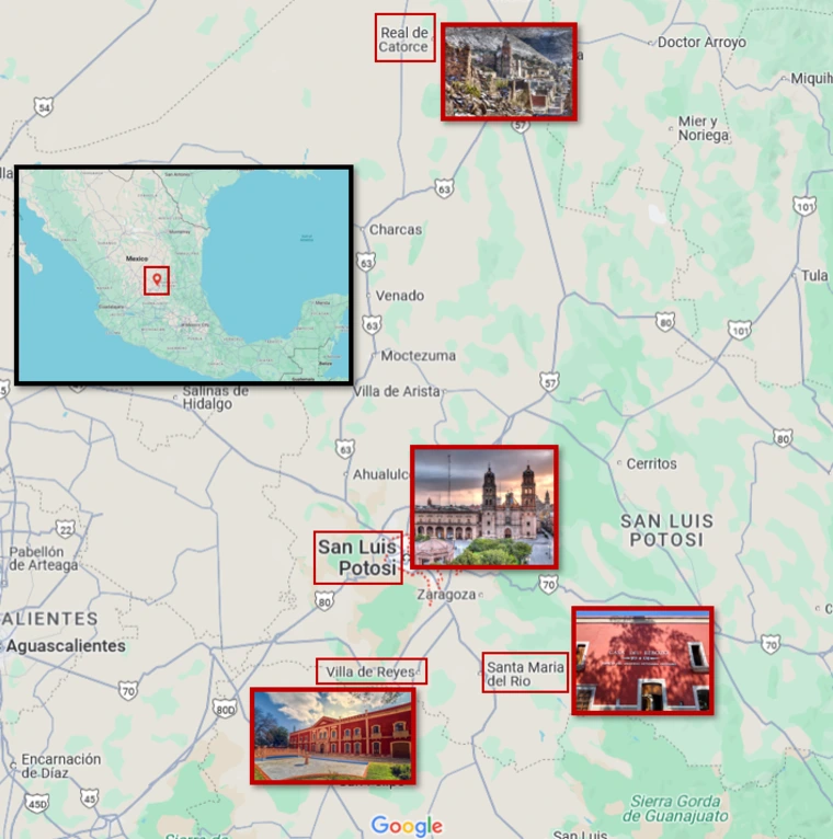 Map of San Luis Potosi within a larger map of Mexico