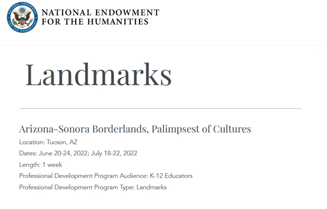 NEH Landmarks grant announcement, screenshot from NEH website