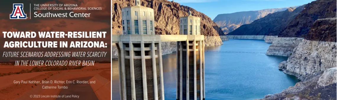 cover of Water resilient Agriculture report and picture of Hoover Dam