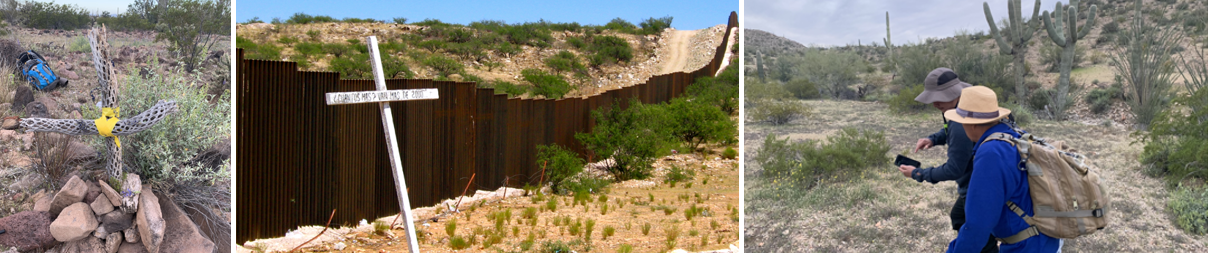 three images of the arizona us-mexico border with crossess and wall