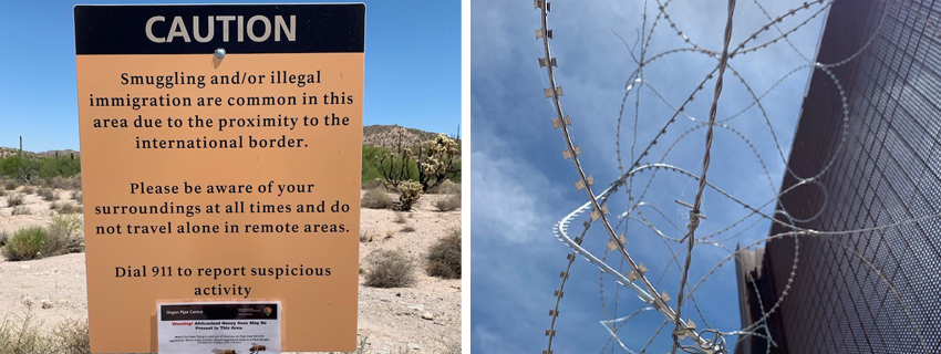 Sign cautioning about illegal immigration and barbed wire along border